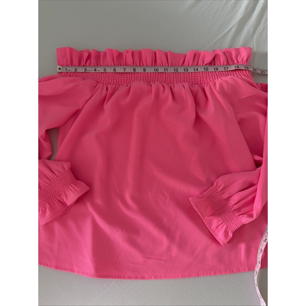 Crown & Ivy Off On Shoulder Shirt Top Womens Sz XL Neon Pink Smocked Stretch EUC - Picture 7 of 11